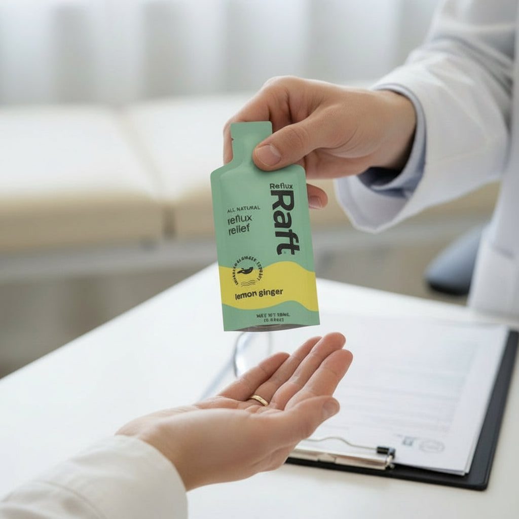 Green packaging of Reflux Raft lemon ginger flavor on a white background