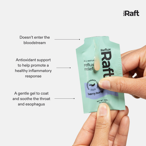 RefluxRaft To-Go Berry Burst pouch with callouts: alginate gel, ginger root, DGL formula