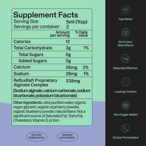 RefluxRaft To-Go Berry Burst supplement facts panel — zero sugar, doctor-formulated alginate
