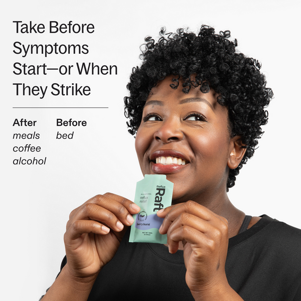 RefluxRaft To-Go Berry Burst — take after meals, coffee, or before bed for reflux relief