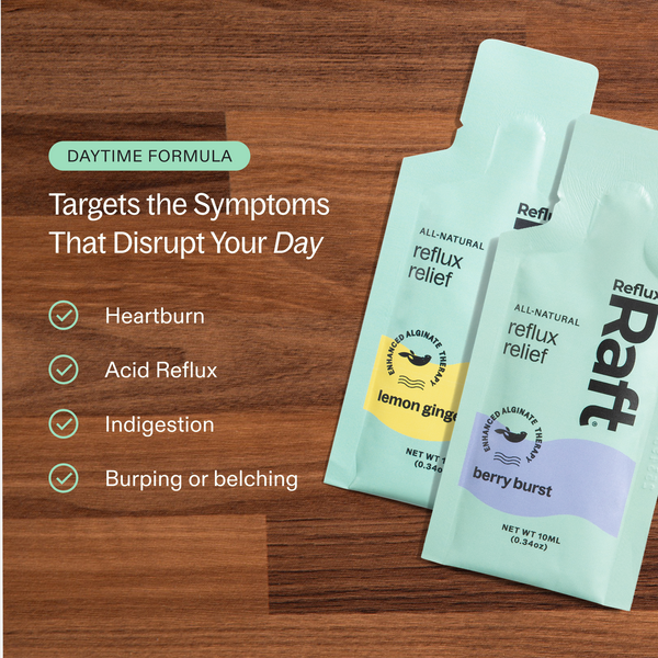 RefluxRaft To-Go daytime formula — Lemon Ginger and Berry Burst alginate pouches targeting heartburn, acid reflux, indigestion, and burping or belching
