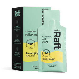 RefluxRaft To-Go Lemon Ginger 12-count box with individual travel-size pouch