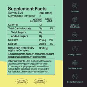 RefluxRaft To-Go Lemon Ginger supplement facts panel — zero sugar, doctor-formulated alginate