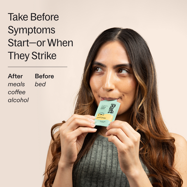 RefluxRaft To-Go Lemon Ginger — take after meals, coffee, or before bed for reflux relief