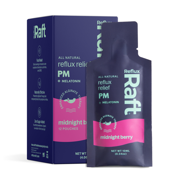 RefluxRaft To-Go Midnight Berry 12-count box with PM melatonin travel-size pouch