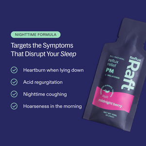 RefluxRaft To-Go Midnight Berry nighttime formula — alginate plus melatonin targets heartburn when lying down, acid regurgitation, nighttime coughing, and morning hoarseness