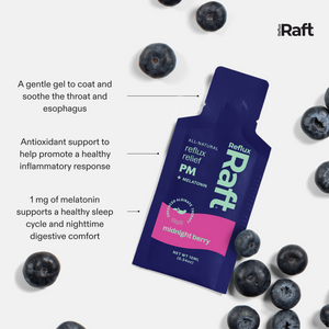 RefluxRaft To-Go Midnight Berry pouch callouts: alginate gel, antioxidant support, 1mg melatonin for nighttime reflux