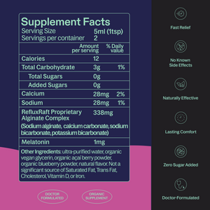 RefluxRaft To-Go Midnight Berry supplement facts — 338mg alginate complex, 1mg melatonin, zero sugar