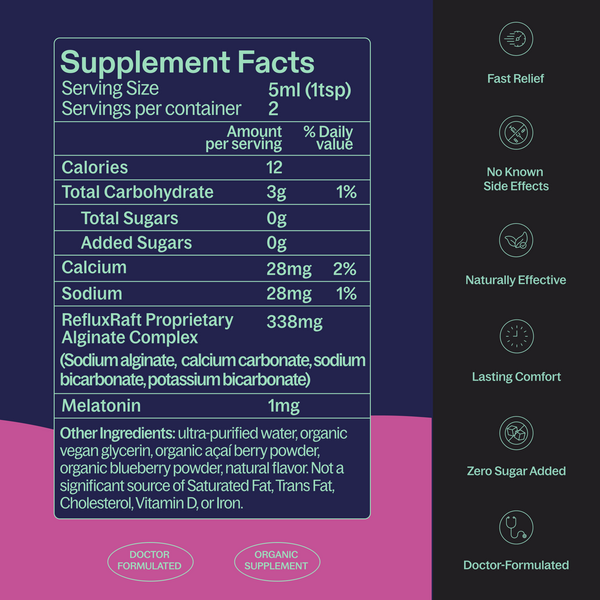 RefluxRaft To-Go Midnight Berry supplement facts — 338mg alginate complex, 1mg melatonin, zero sugar