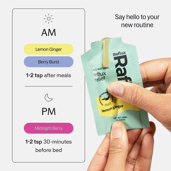 RefluxRaft To-Go Multipack AM/PM routine — Lemon Ginger and Berry Burst after meals for daytime reflux relief, Midnight Berry with melatonin 30 minutes before bed for nighttime acid reflux support