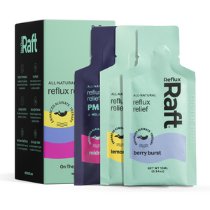 RefluxRaft To-Go Multipack — box with Lemon Ginger, Berry Burst, and Midnight Berry travel-size alginate reflux relief pouches, 12 count