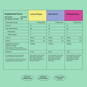RefluxRaft To-Go Multipack supplement facts — 338mg proprietary alginate complex per serving across all three flavors; zero added sugar, doctor-formulated organic reflux supplement
